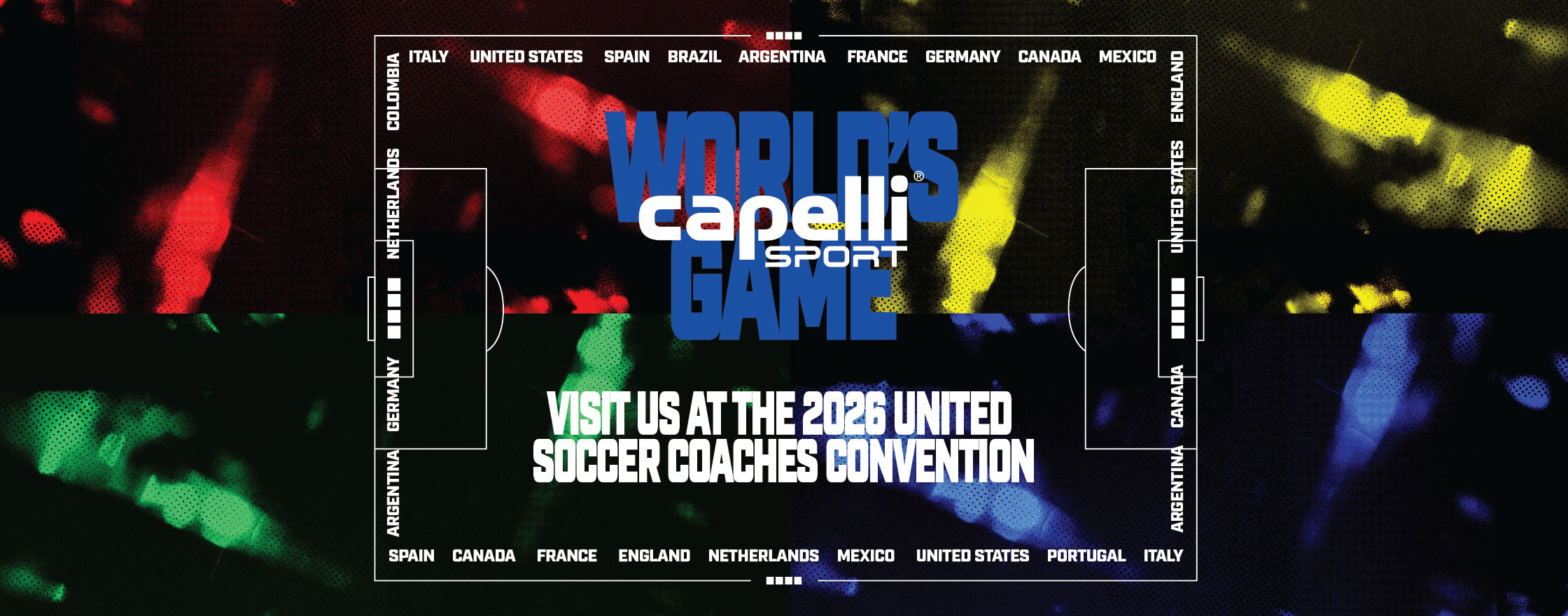 Promotional poster for Capelli Sport's 2026 United Soccer Coaches Convention with colorful abstract design.