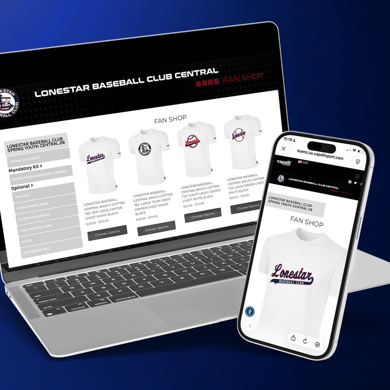 Laptop and smartphone displaying Lonestar Baseball Club Central fan shop website on a blue background