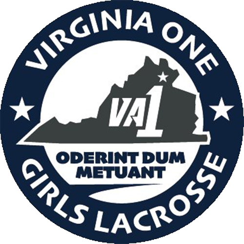 A circular navy blue and white logo for Virginia One Girls Lacrosse, featuring a silhouette of the Virginia state with 'VA1' in the center and the motto 'Oderint Dum Metuant' below.