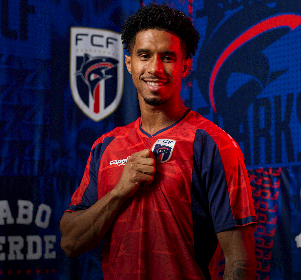 Three Cabo Verde Soccer Players wearing the Capelli Sport x Cabo Verde third jersey.