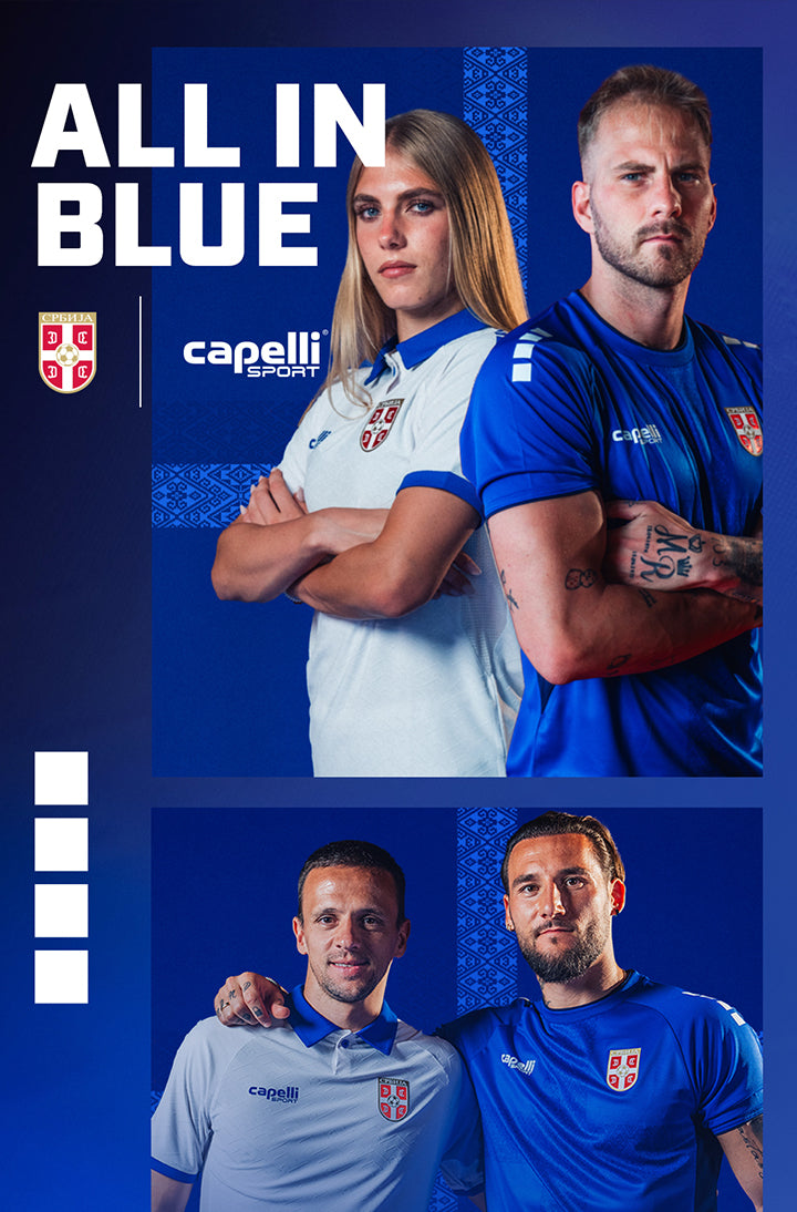 Two people wearing Serbia blue and white sports jerseys with 'capelli sport' branding against a blue background.