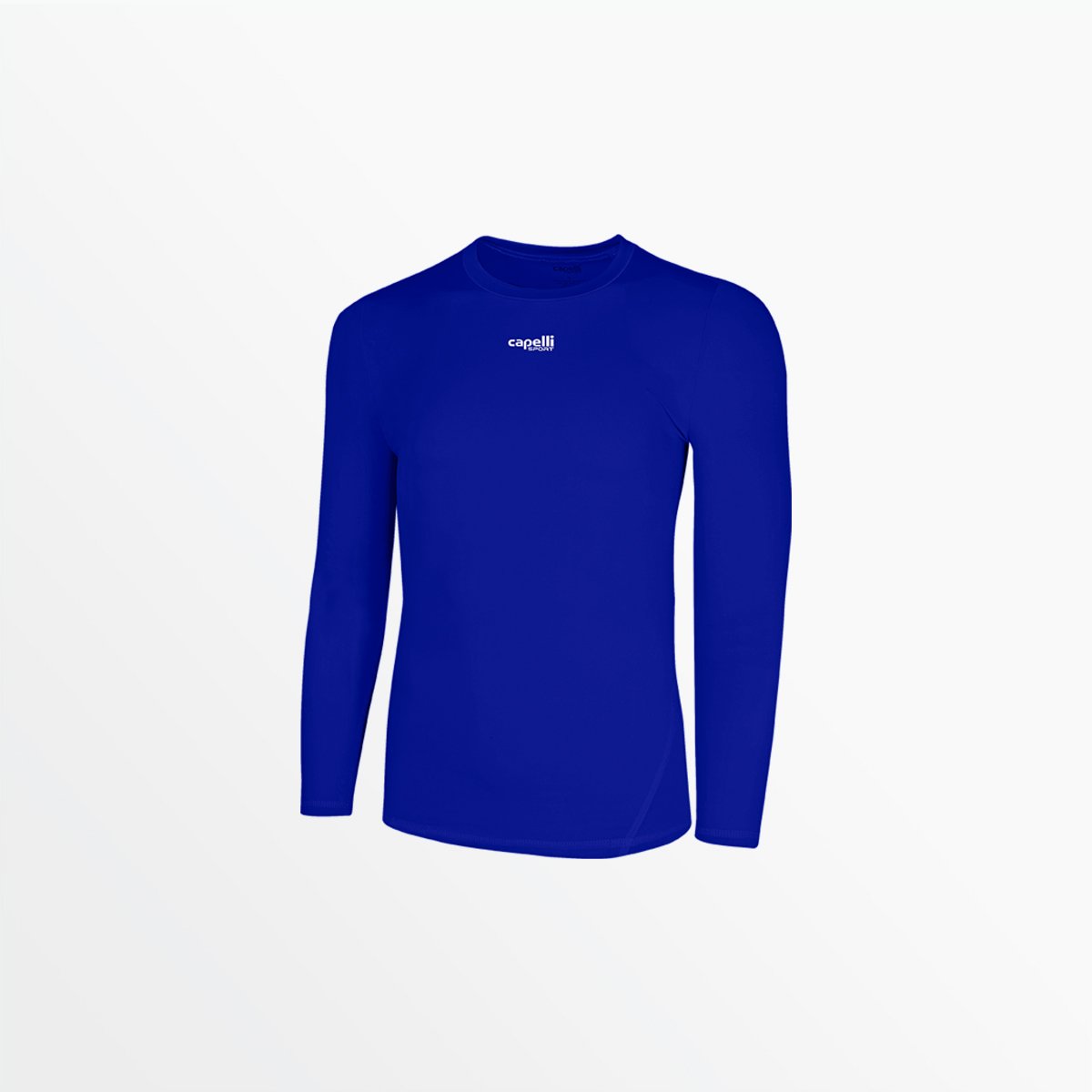 Men's blue long sleeve performance top, crew neck, front view