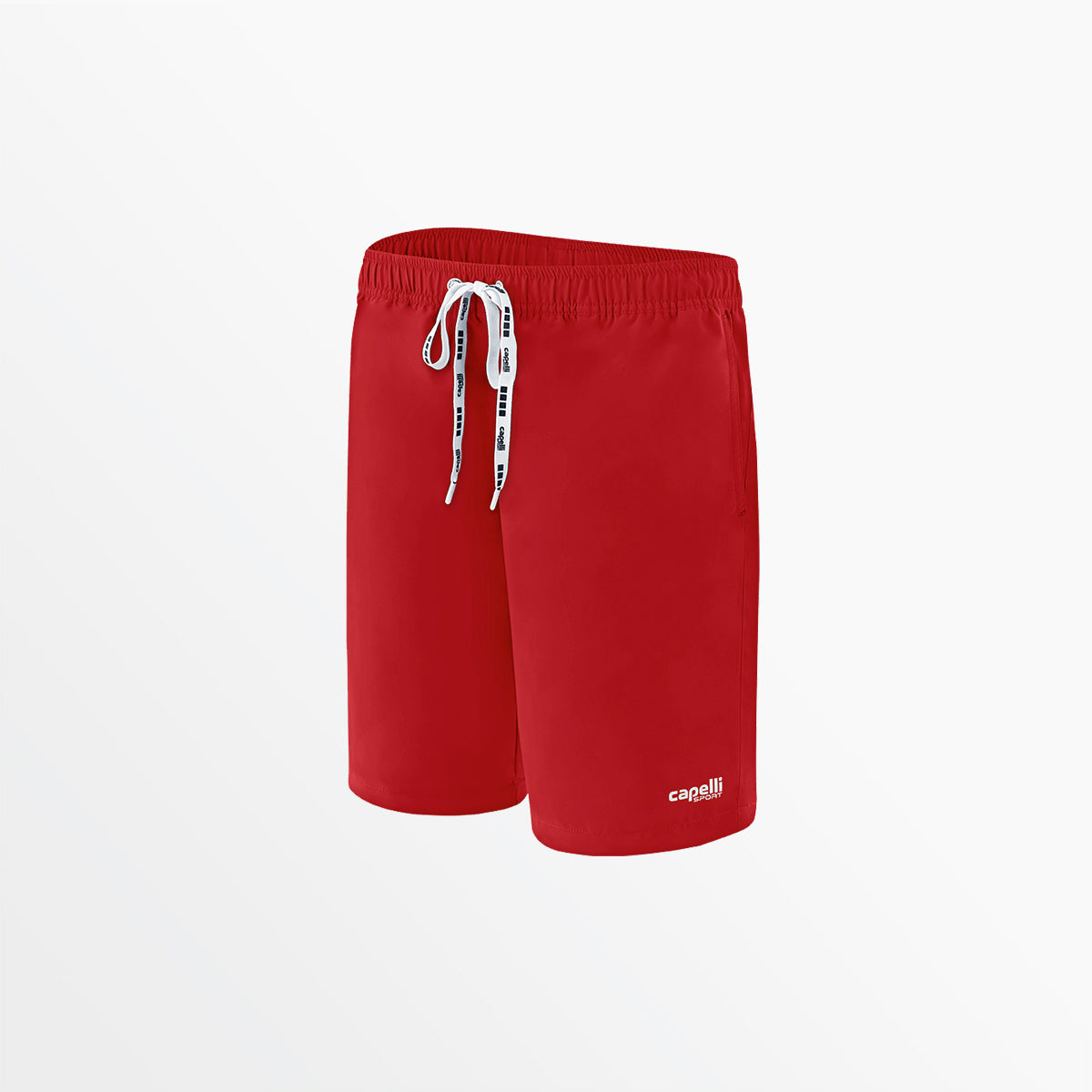 Red long swim shorts with white drawstring and capellii logo on hem