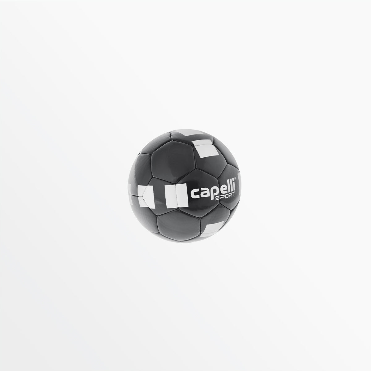 Mini soccer ball, dark black with white cube panels and capelli sports logo