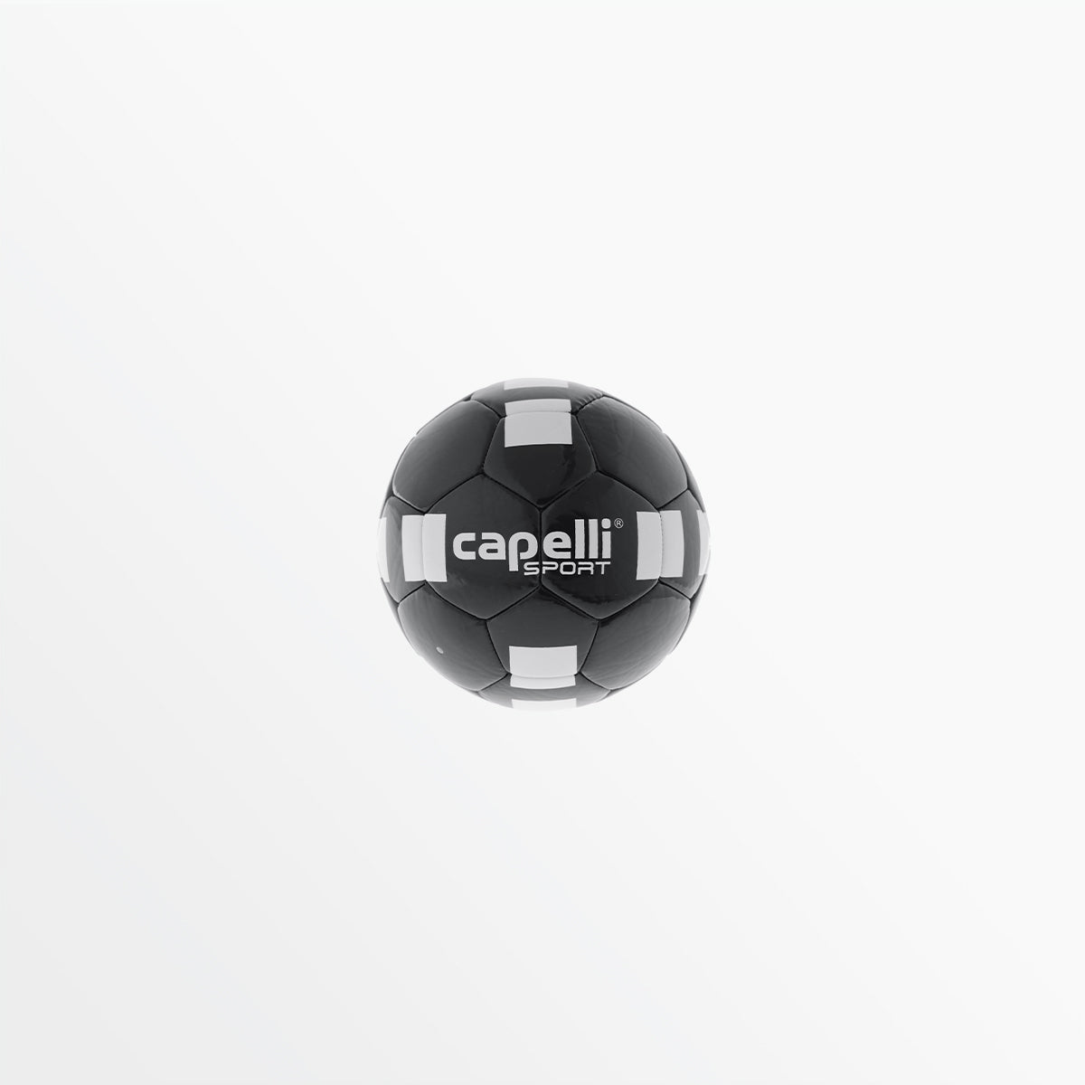 Mini soccer ball, black with white cube-like panels and capelli sports logo