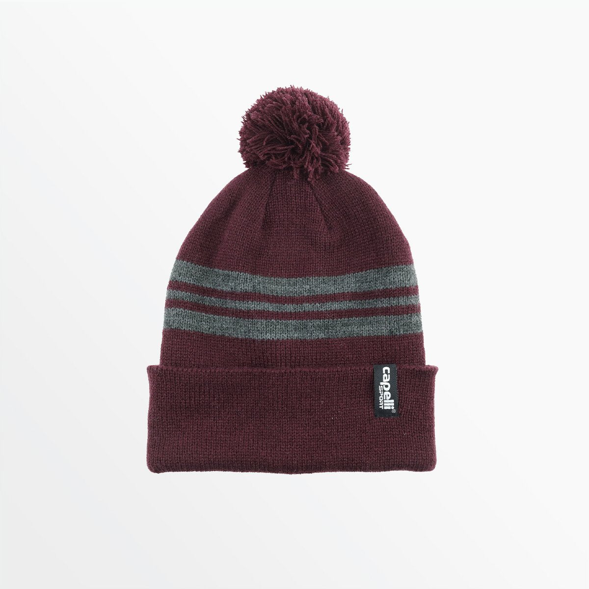 Youth Striped Pom Beanie Capelli Sport One Size Maroon Dark Heather Grey