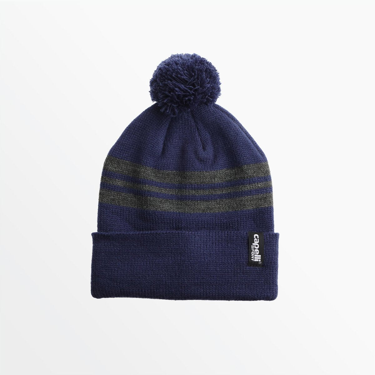 Youth Striped Pom Beanie Capelli Sport One Size Navy Dark Heather Grey