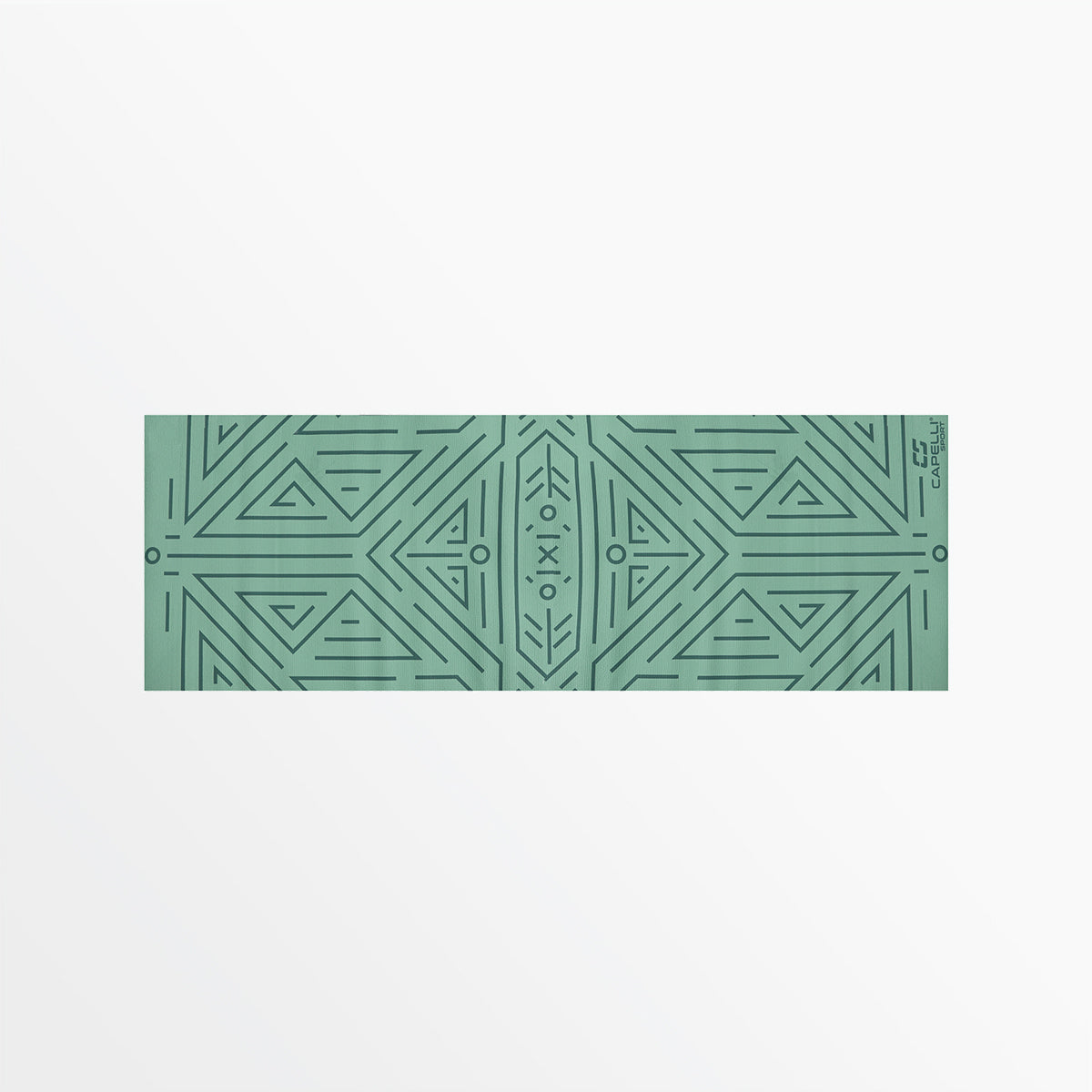 Green printed PVC yoga mat with geometric line pattern, shown rolled flat strip