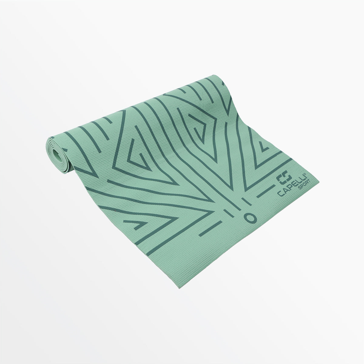 Green printed PVC yoga mat partially unrolled, geometric line pattern
