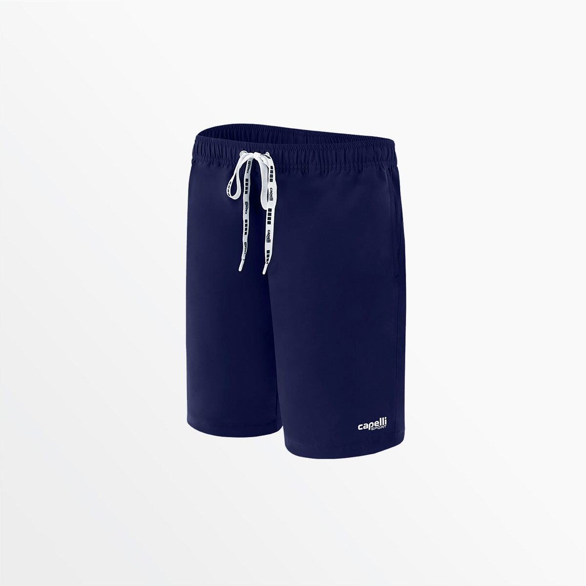 Navy boys long swim shorts with drawstring waist and white cap logo